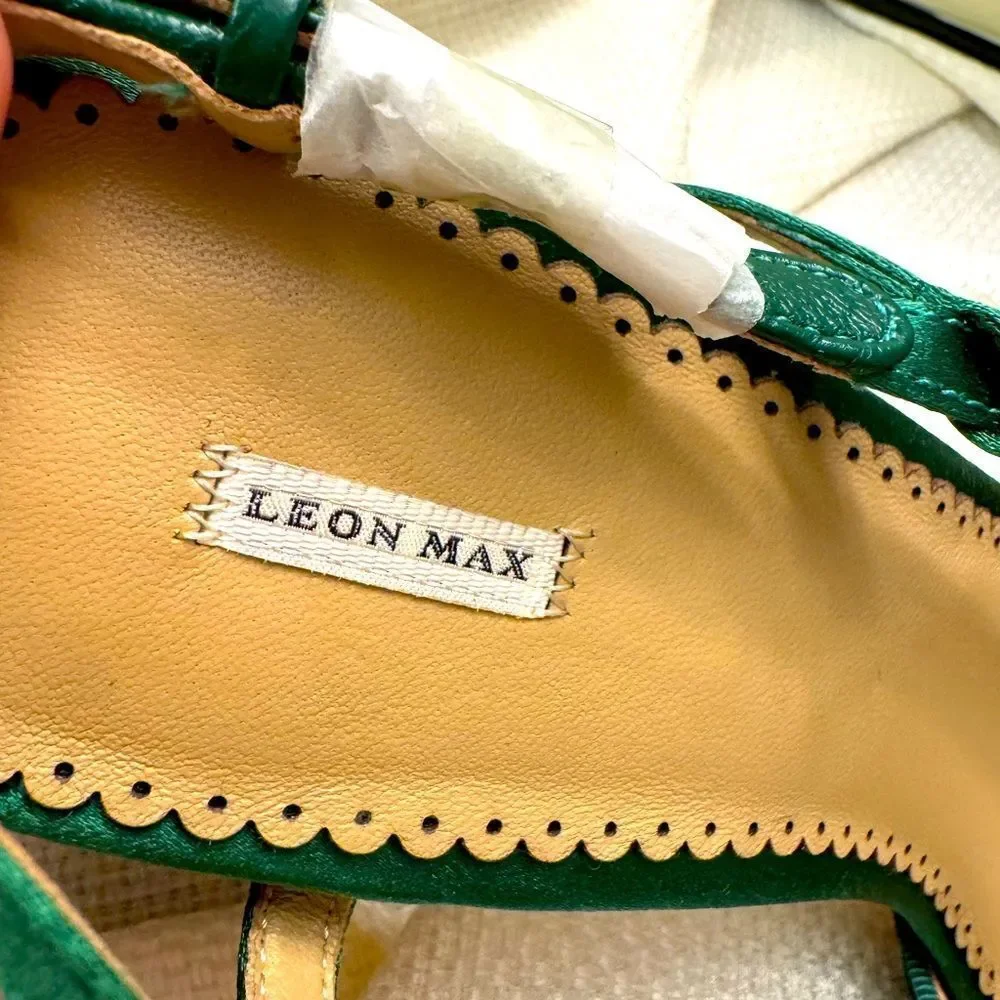 NIB Leon Max emerald green satin block ruffle slingback high heels size 38 7.5